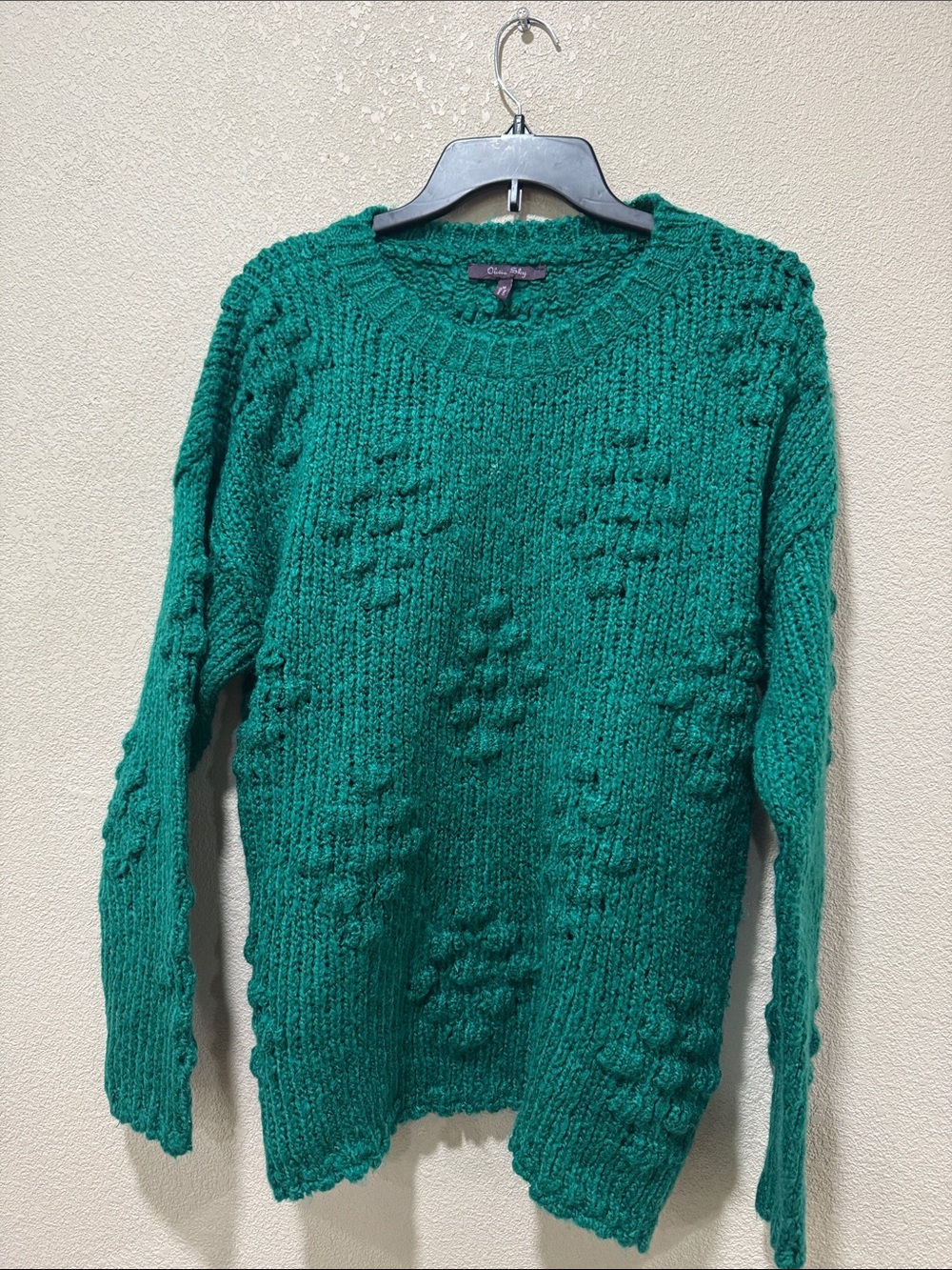 Olivia Sky Emerald Green Cable Knit Crewneck Sweater